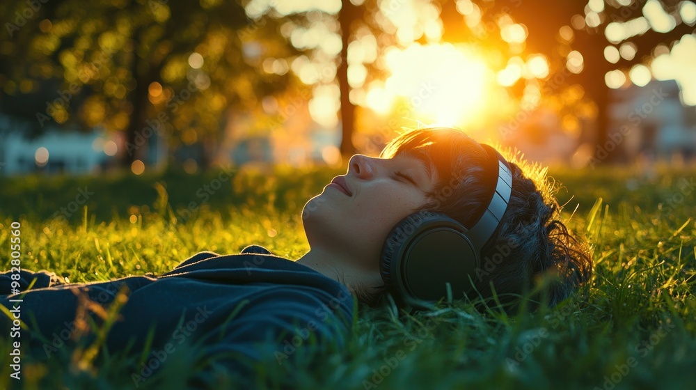 Wall mural A boy relaxing on grass with headphones, enjoying the sunset in a serene environment.