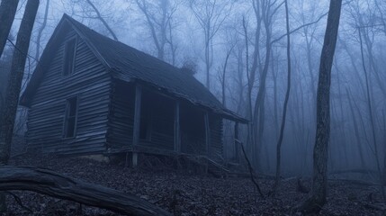 A foggy, abandoned cabin in a dense forest, evoking a sense of mystery and isolation.