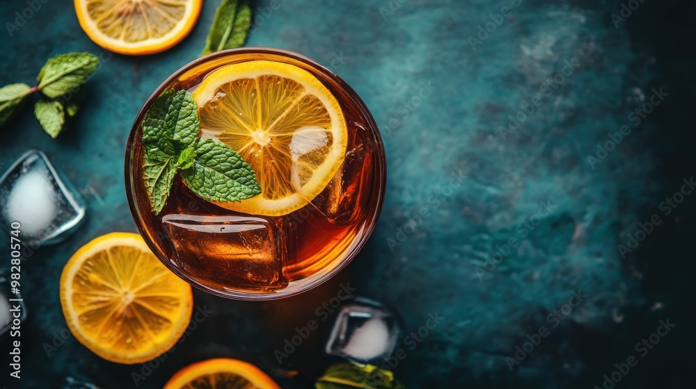 Poster A refreshing drink with lemon slices and mint, surrounded by ice cubes.