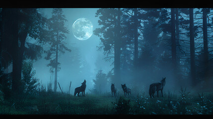 Moonlit Howl: A pack of wolves raise their muzzles in a chorus of howls under a luminous full moon in a misty forest.