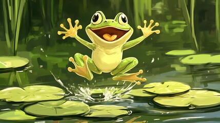Hand-drawn illustration of a happy frog jumping on lily pads in a pond