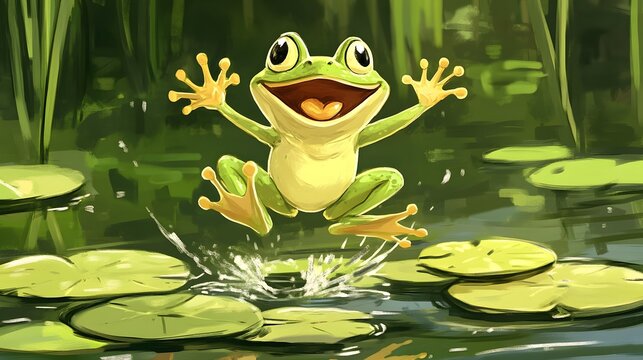 Hand-drawn illustration of a happy frog jumping on lily pads in a pond