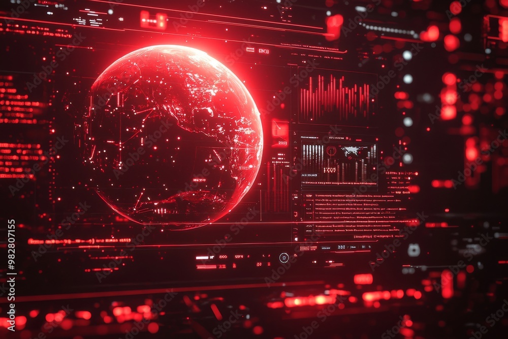 Poster world map and global statistics data concept on dark technological background with screen texture, h