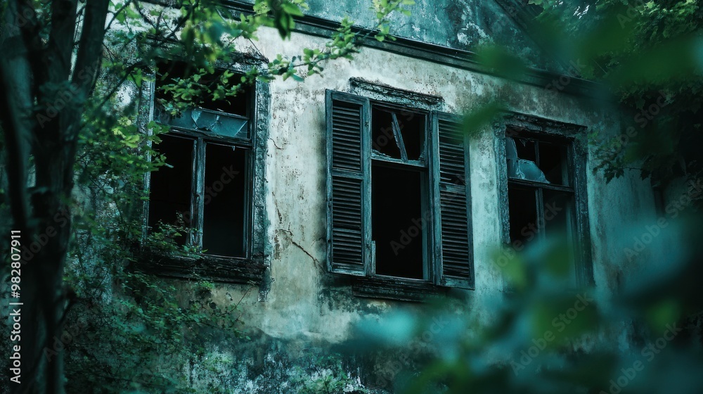 Wall mural Abandoned building with broken windows surrounded by overgrown vegetation.