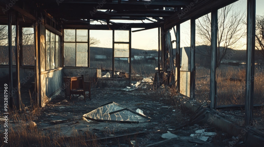 Canvas Prints An abandoned interior with broken glass and furniture, showcasing decay and nature's reclaim.