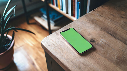 Mobile phone lying on wooden table at home. Phone has blank green screen. Living room and lounge with plant and bookcase with natural light. Banner header image.