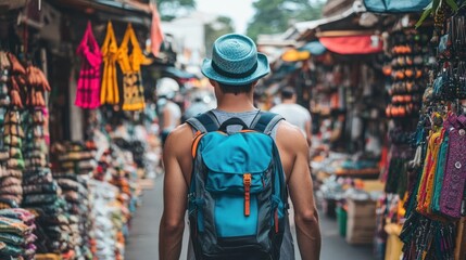 Obraz premium A traveler explores a vibrant market filled with colorful goods and local crafts.