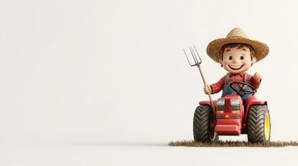 A cheerful cartoon boy in a straw hat driving a red tractor on grass.