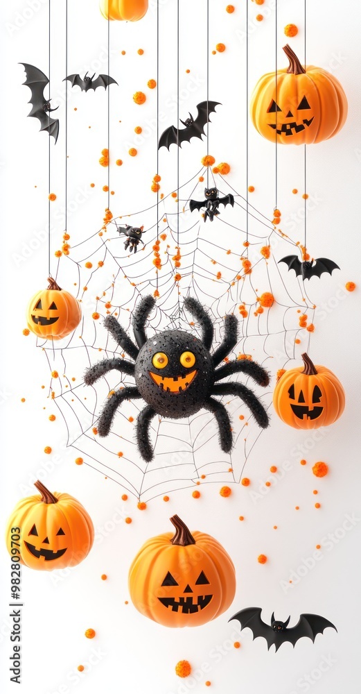 Poster A festive Halloween scene featuring pumpkins, a spider, bats, and a web.