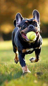 French Bulldog running and jumping with ball towards camera in the garden