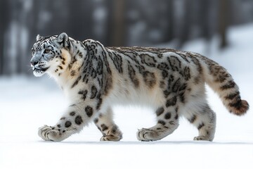 Obraz premium A majestic snow leopard gracefully walking through a snowy landscape, showcasing its distinctive spotted fur and powerful presence.