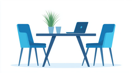 Blue chairs sit across from one another at a table with a laptop and potted plant.