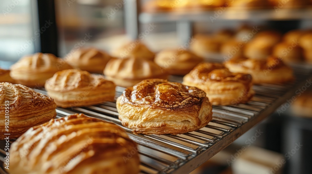 Poster Freshly baked pastries displayed on a cooling rack in a bakery.