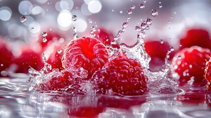 Fresh raspberries splashing in water, highlighting their vibrant color and texture.