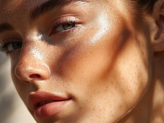Close-up of a Woman's Face with Freckles and Sun-Kissed Skin, Applying Sheer Sunscreen, Sunlight Shimmering on Skin, Smooth and Healthy Complexion,  Beauty and Skin Care Concept
