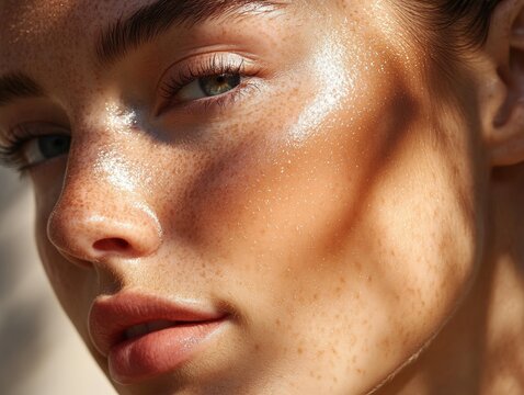 Close-up of a Woman's Face with Freckles and Sun-Kissed Skin, Applying Sheer Sunscreen, Sunlight Shimmering on Skin, Smooth and Healthy Complexion,  Beauty and Skin Care Concept