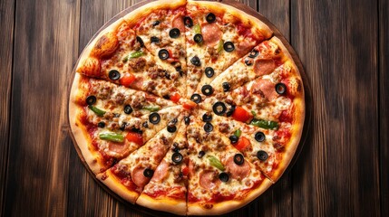 A delicious pizza topped with various ingredients, sliced for sharing and enjoyment.