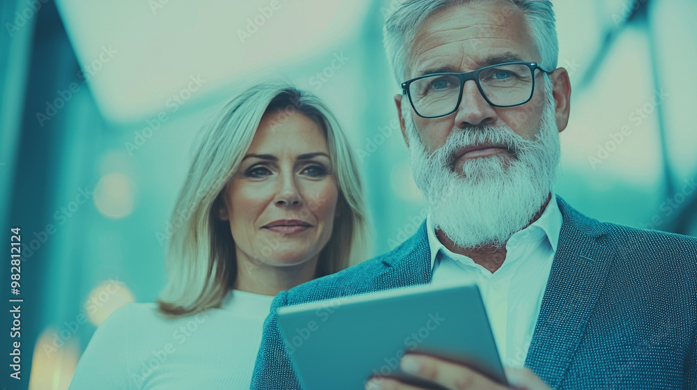 Canvas Prints A man and woman in business attire look at a tablet.