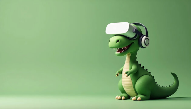 ilustra&ccedil;&atilde;o divertida e criativa de um dinossauro usando &oacute;culos de realidade virtual e fones de ouvido. Humor e inova&ccedil;&atilde;o, ideal para temas de tecnologia, entretenimento e imagina&ccedil;&atilde;o.