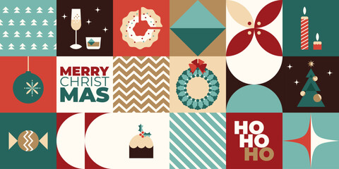 Merry Christmas and Happy New Year geometric abstract ornamental elements. Christmas symbols. Modern Christmas geometric background, banner, bauhaus style