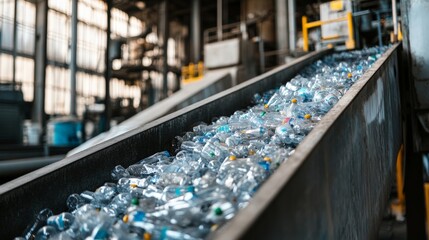 Detailed Close Up of Plastic Bottles Moving on Conveyor Belt in a Recycling Facility, Illustrating Sustainability Efforts