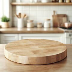 Beautiful round wood tabletop counter inside, empty, with a bright, clean kitchen background. Ideal for banners and product montage displays.