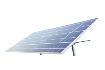 A close-up of a single wind turbine blade alongside photovoltaic panels, illustrating clean energy technology isolated on white background