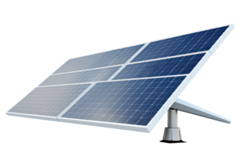 A close-up of a single wind turbine blade alongside photovoltaic panels, illustrating clean energy technology isolated on white background
