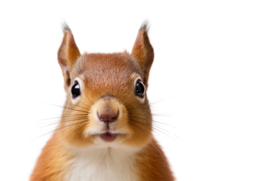 A curious red squirrel perched on a tree branch, its bushy tail elegantly fanned out, with bright eyes and alert posture, isolated on white background
