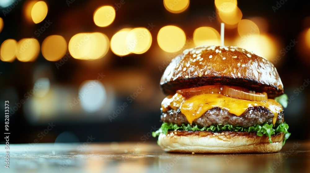 Poster A delicious cheeseburger topped with lettuce and cheese, set against a blurred background.