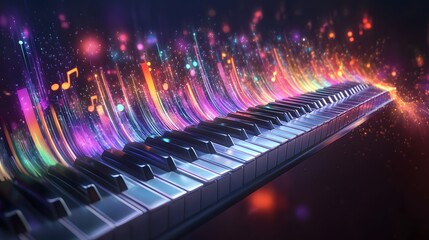 A 3D keyboard floating in mid-air with glowing notes and colorful soundwaves