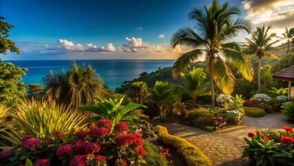 Fototapeta premium Lush tropical garden with palm trees and a stunning ocean view at sunset.