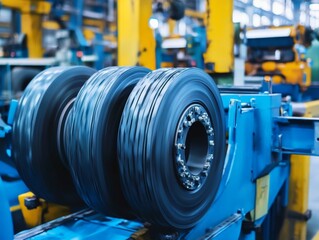 Obraz premium Industrial Machinery in a Rubber Factory, Close-up View of Rolling Tires