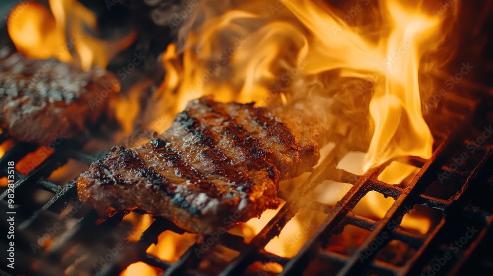 Wall mural Grilled steak sizzling over flames on a barbecue grill.