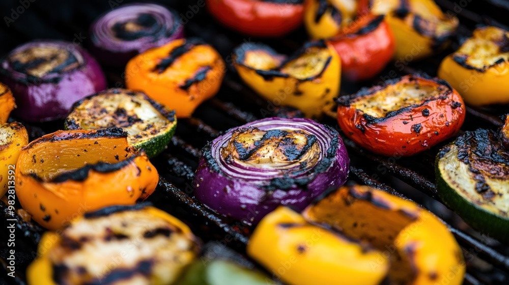 Wall mural Grilled colorful vegetables on a barbecue grill, showcasing a delicious outdoor cooking scene.