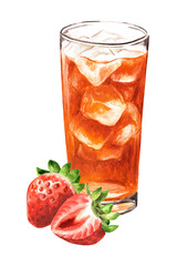 Glass of strawberry ice tea juice and sweet red strawberries. Hand drawn watercolor illustration isolated on white background