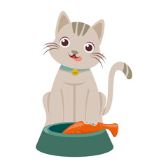 cute cat eating raw fish illustration vector