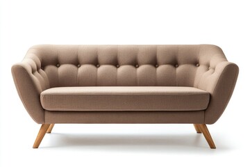 Fototapeta premium Chic modern sofa with button tufts and angular wooden legs isolated white background , ai