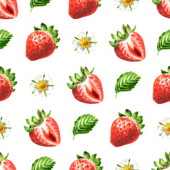 Strawberry seamless pattern, Watercolor hand drawn illustration , isolated on the dark background