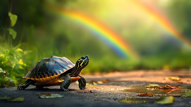 Whimsical turtle slowly crossing a path with a rainbow overhead