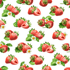 Strawberry seamless pattern, Watercolor hand drawn illustration isolated on white background