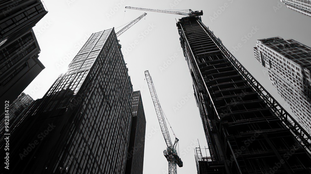 Poster A view of towering skyscrapers under construction with cranes in a monochrome setting.