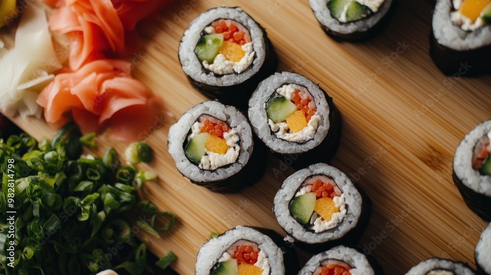 Sticker A vibrant assortment of sushi rolls on a wooden board, showcasing fresh ingredients.