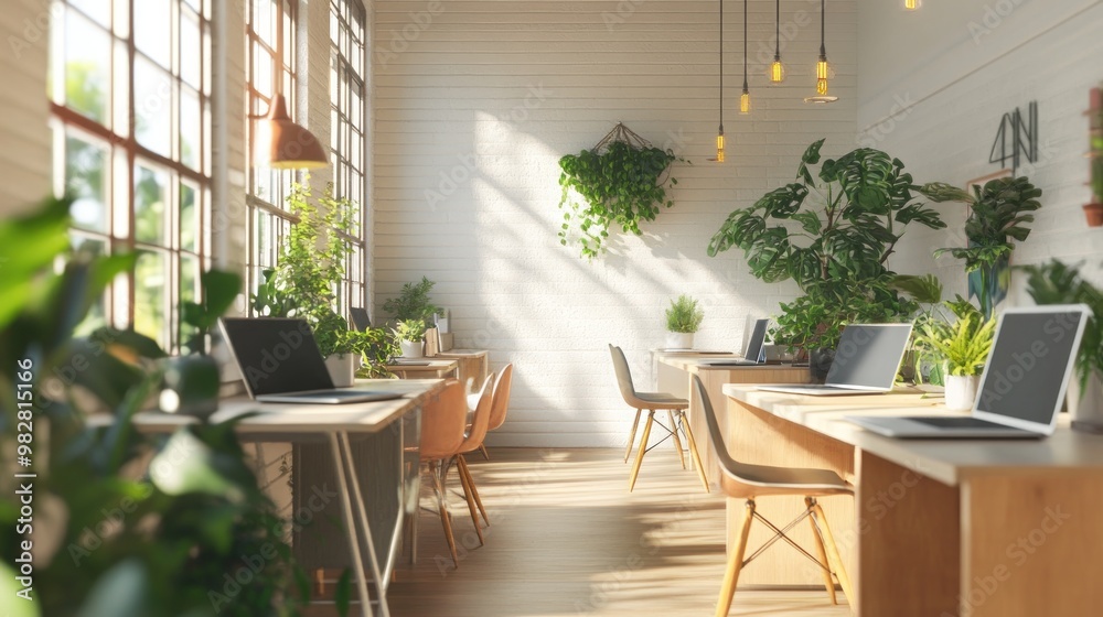 Sticker Bright, modern workspace with plants and natural light, designed for productivity.