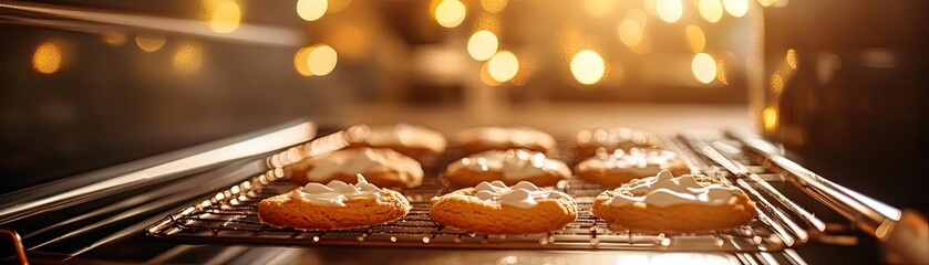 Obraz premium Freshly baked cookies cooling in the oven, surrounded by warm lights, creating a cozy and inviting atmosphere.