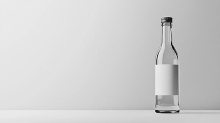 A clear glass bottle with a blank label, placed on a minimalist surface.