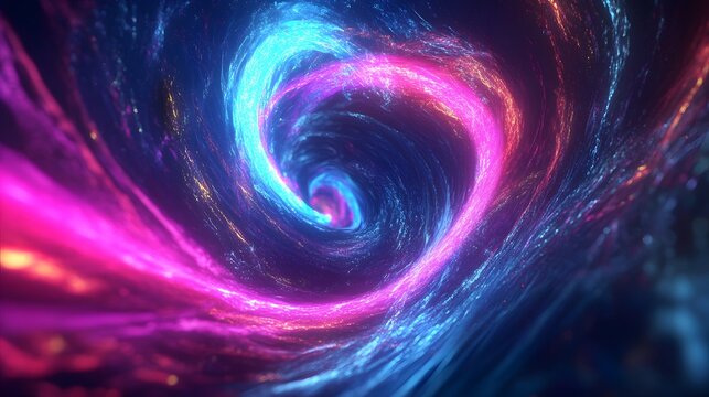 A 3D music visualizer with swirling neon waves and abstract geometric shapes