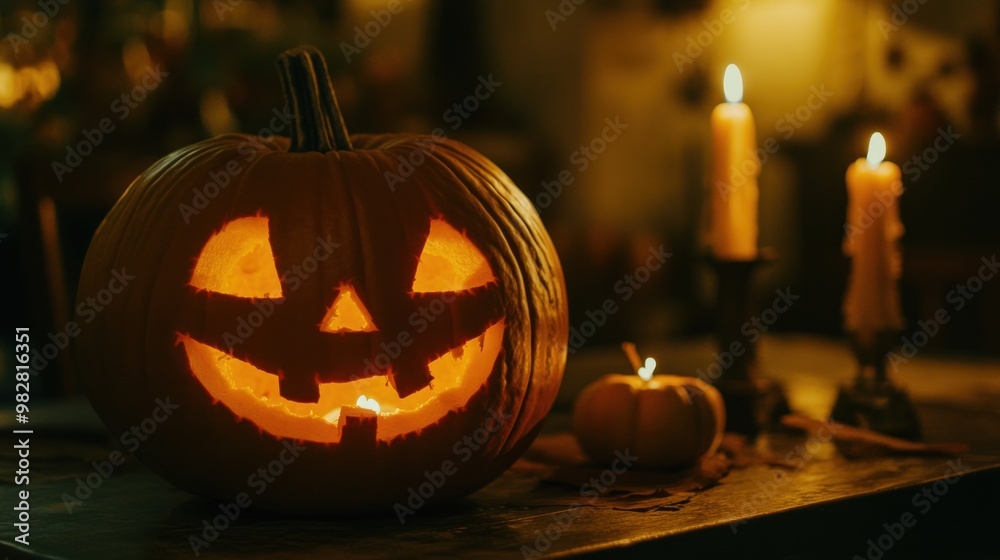 Canvas Prints A glowing jack-o'-lantern surrounded by candles, evoking a festive Halloween atmosphere.