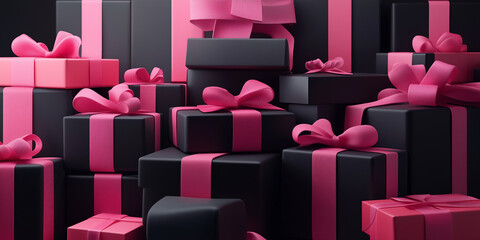Obraz premium A variety of black gift boxes elegantly tied with pink ribbons, stacked on a dark background, representing gift-giving occasions in a stylish and refined manner.