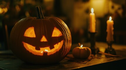 Fototapeta premium A glowing jack-o'-lantern surrounded by candles, evoking a festive Halloween atmosphere.